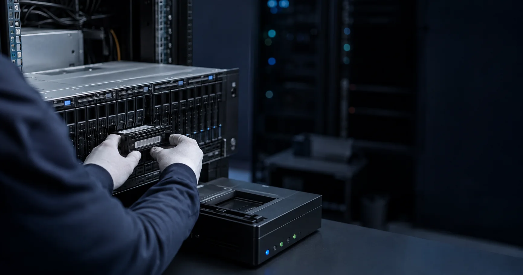 Technician handling enterprise storage hardware